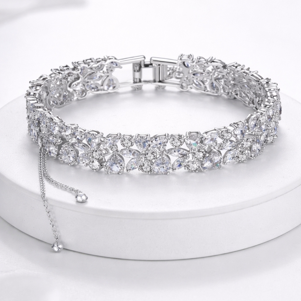 Rhodium Plated Floral Crystal Tennis Bracelet Silver Double Row Sparkle - Picture 6 of 6